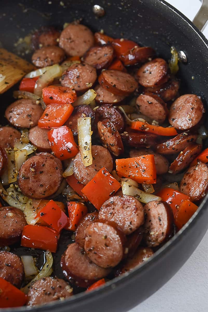 browning sausage in pan