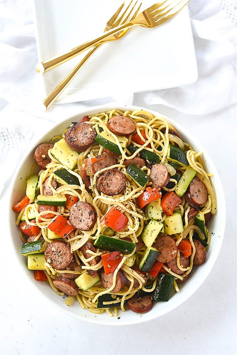 overhead shot of bowl of pasta