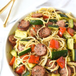 overhead shot of bowl of vegetable pasta