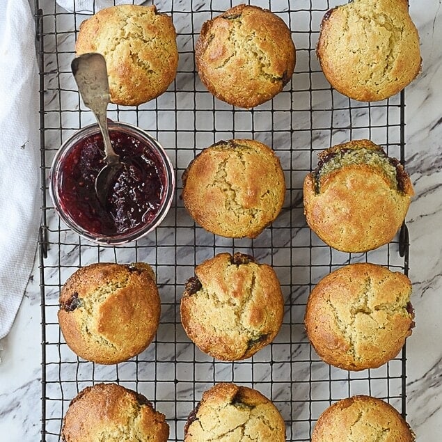 overhead shot of muffins on a cooling rack