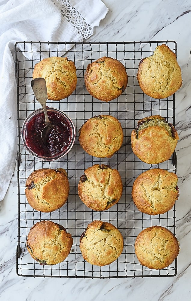 overhead shot of muffins on a cooling rack