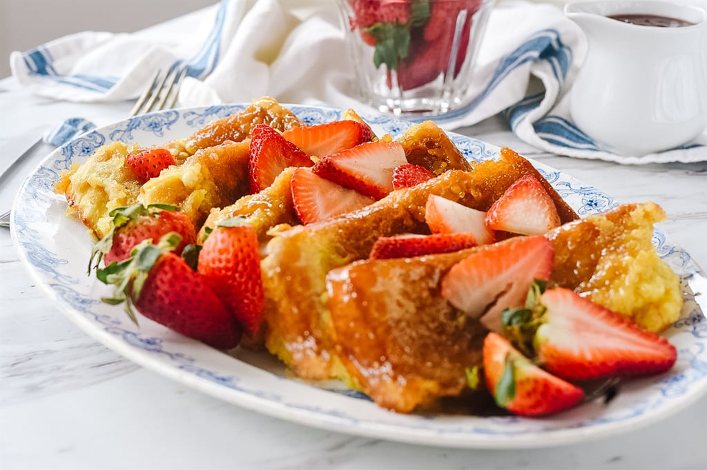 Creme Brulee French Toast with fresh strawberries