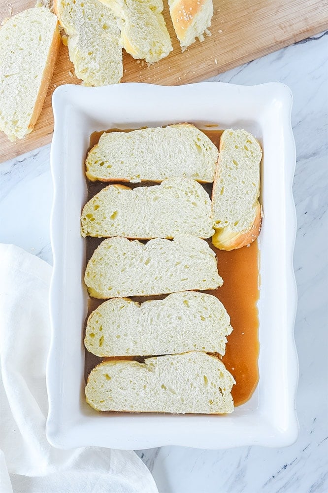 bread soaking in brown sugar and butter