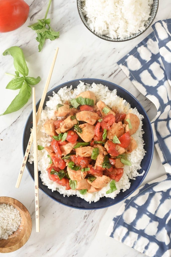 Thai Basil Chicken with chopsticks