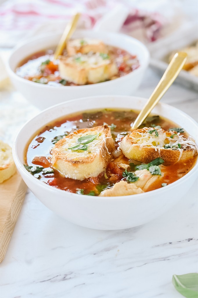 Chicken Parmesan Soup with toasted garlic bread