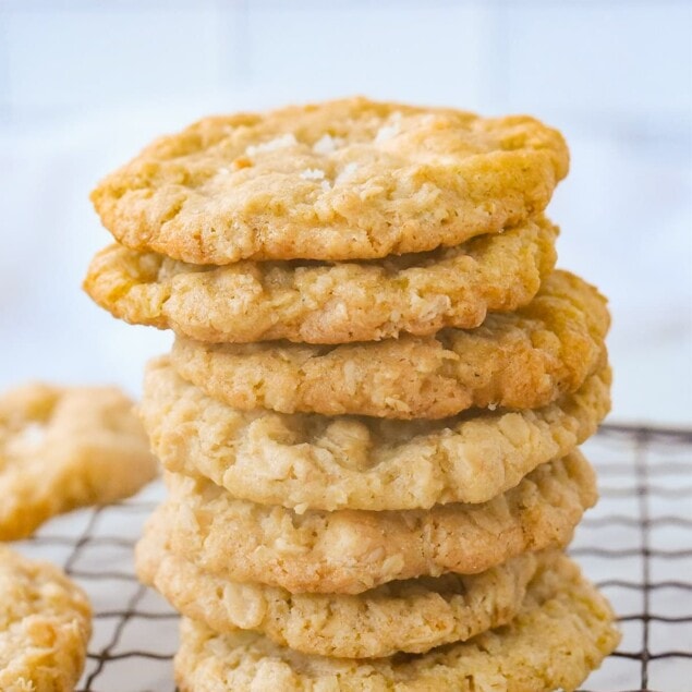 stack of oatmeal cookies on a cooling rack