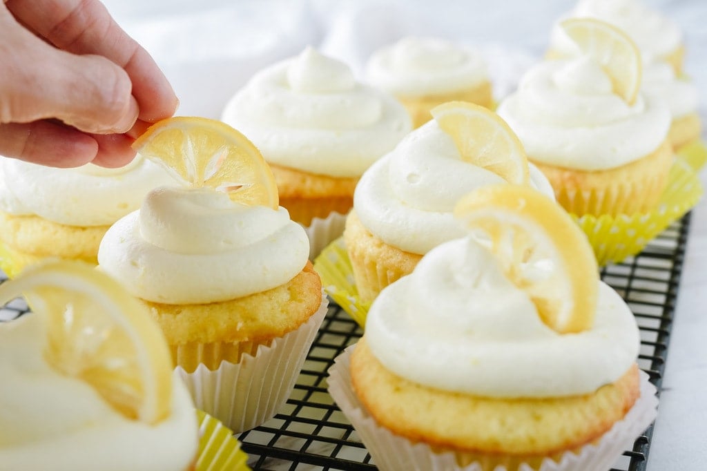 garnishing cupcakes with sugared lemon