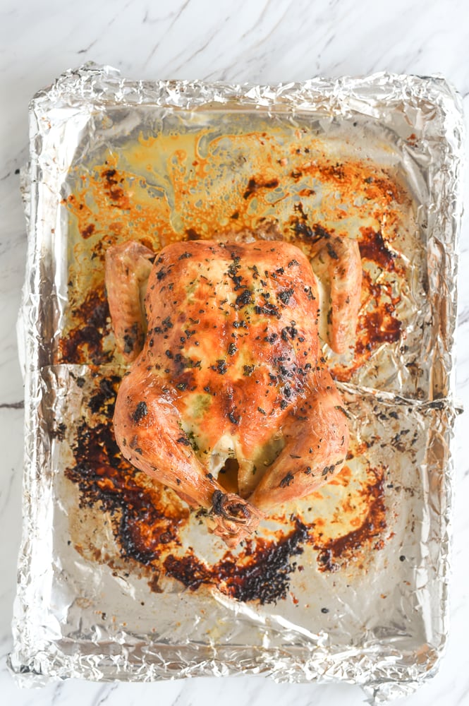 roasted chicken on foil