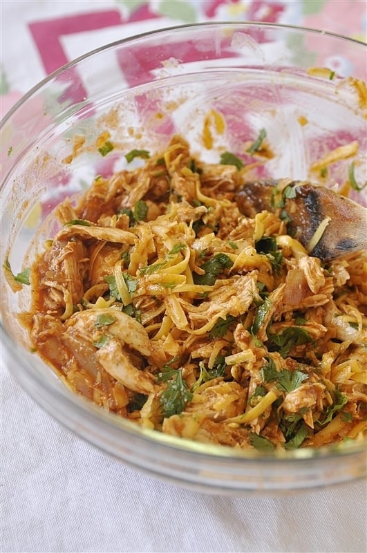 bowl of shredded chicken and homemade enchilada sauce