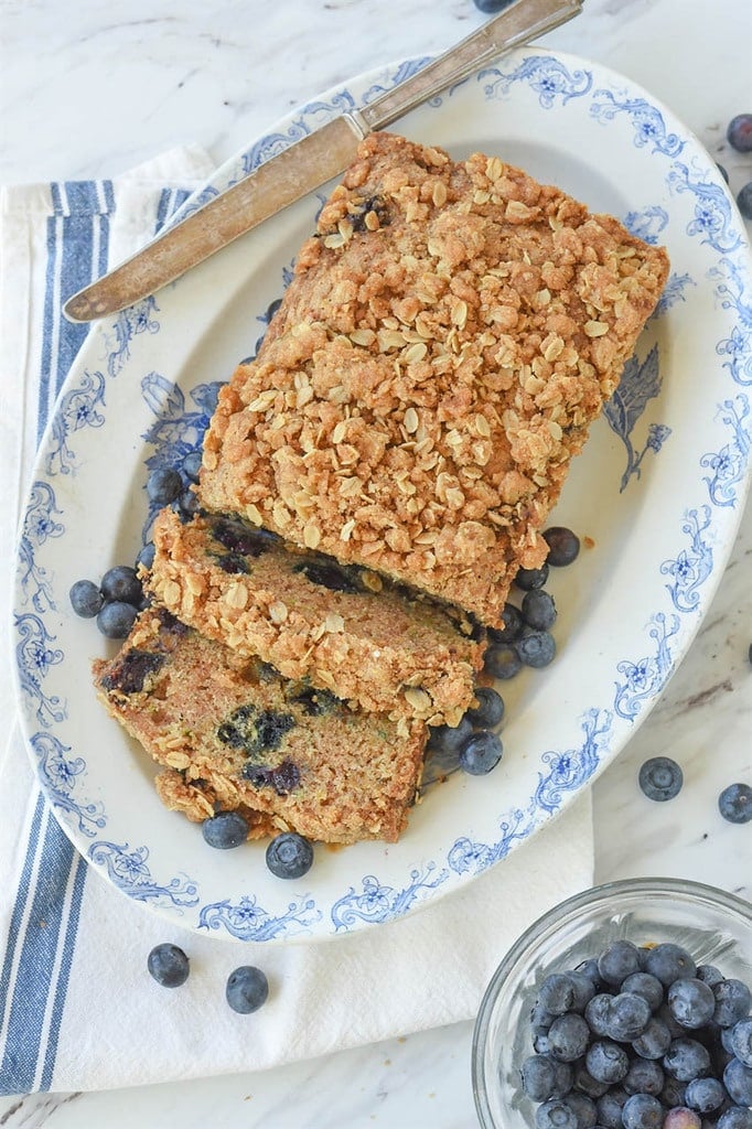 sliced Blueberry Zucchini Bread on a serving platter