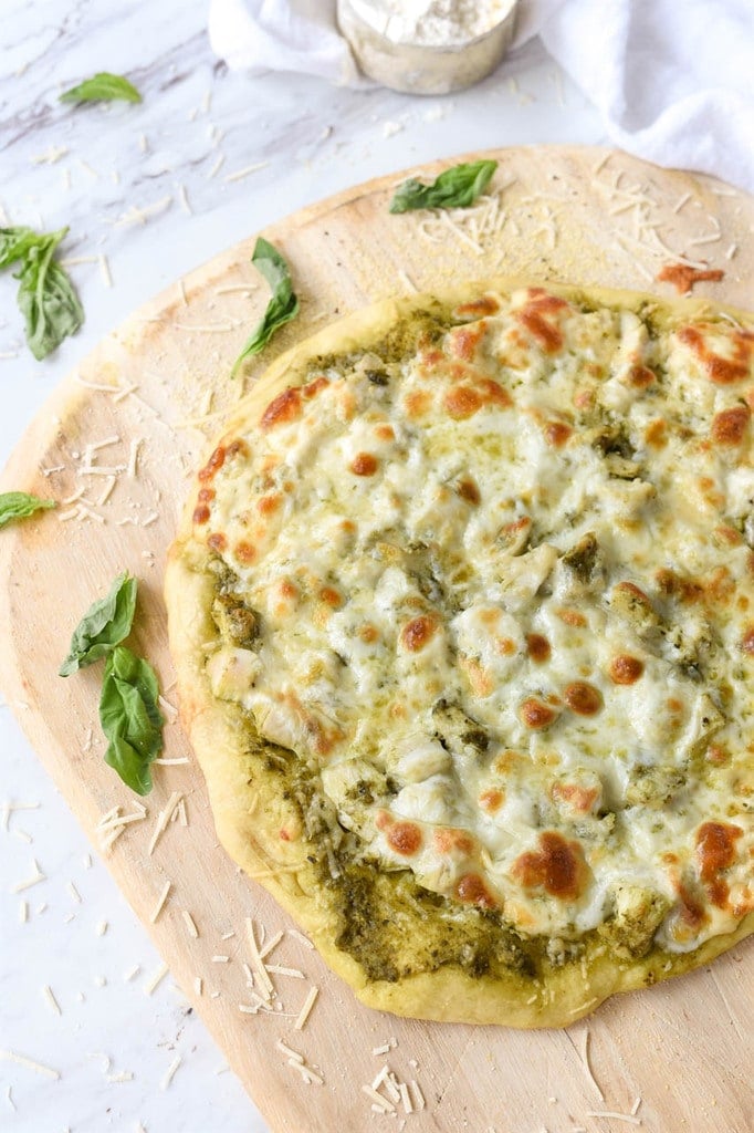 fresh baked chicken pesto pizza