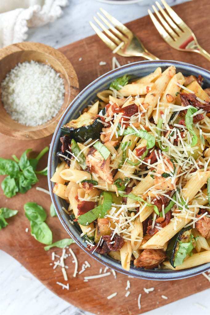 bowl of Garlic Chicken Pasta with Roasted Tomatoes