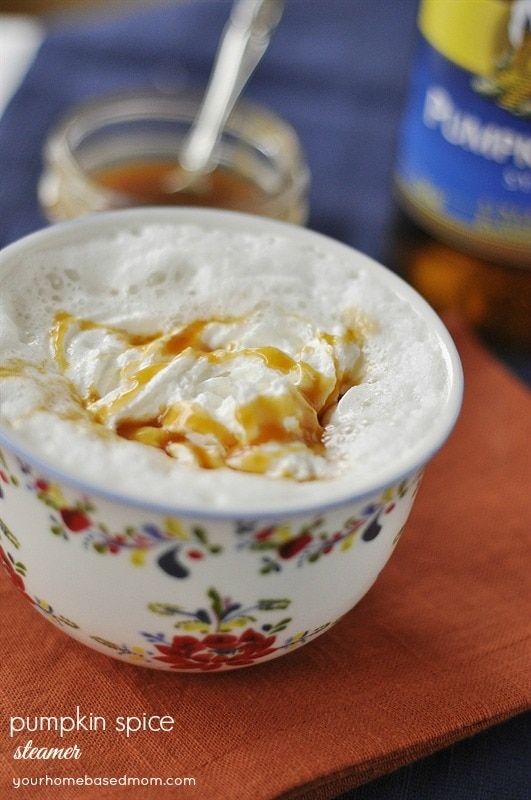 Pumpkin Spice Steamer with Caramel Sauce in a tea cup