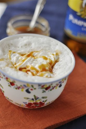 pumpkin spice steamer with caramel sauce