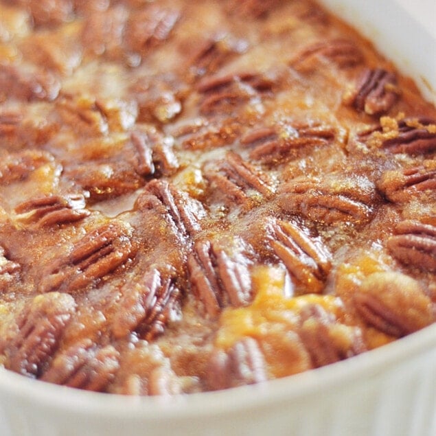 bowl of pecan topped sweet potatoes