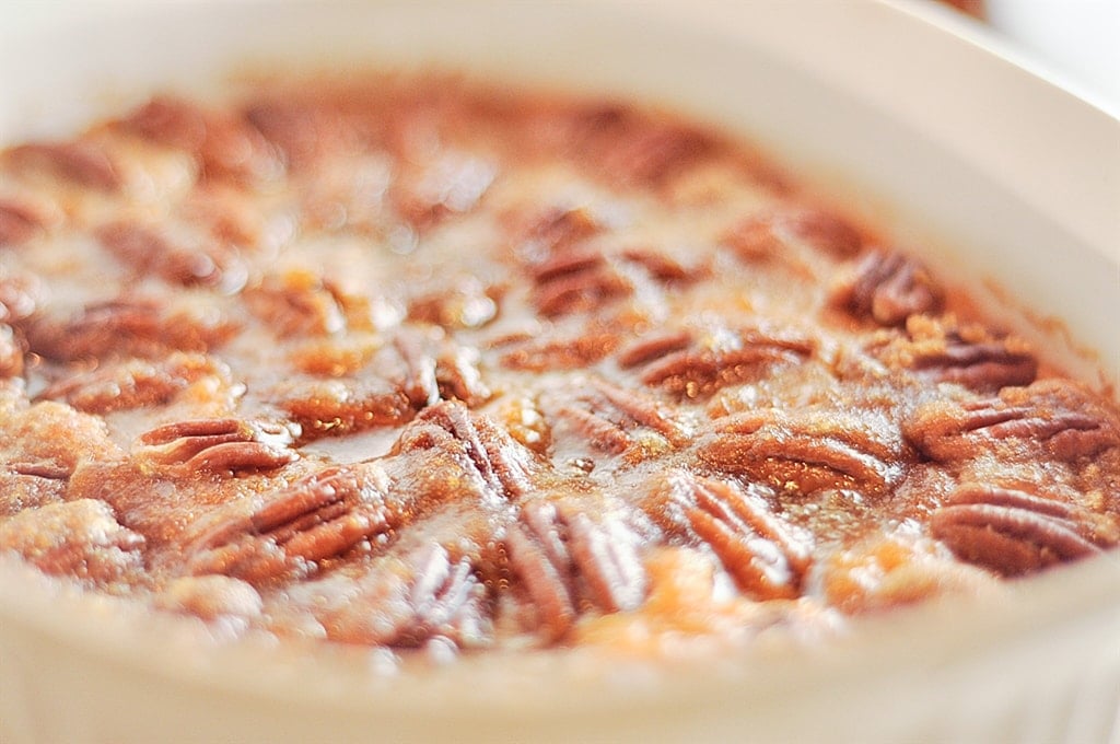 sweet potato casserole topped with pecans