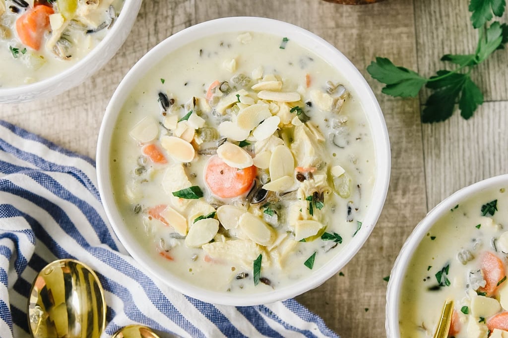 Chicken Wild Rice Soup with almonds on top