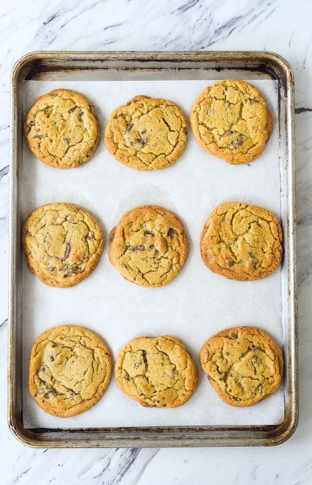 chocolate chip cookies on a cookie sheet