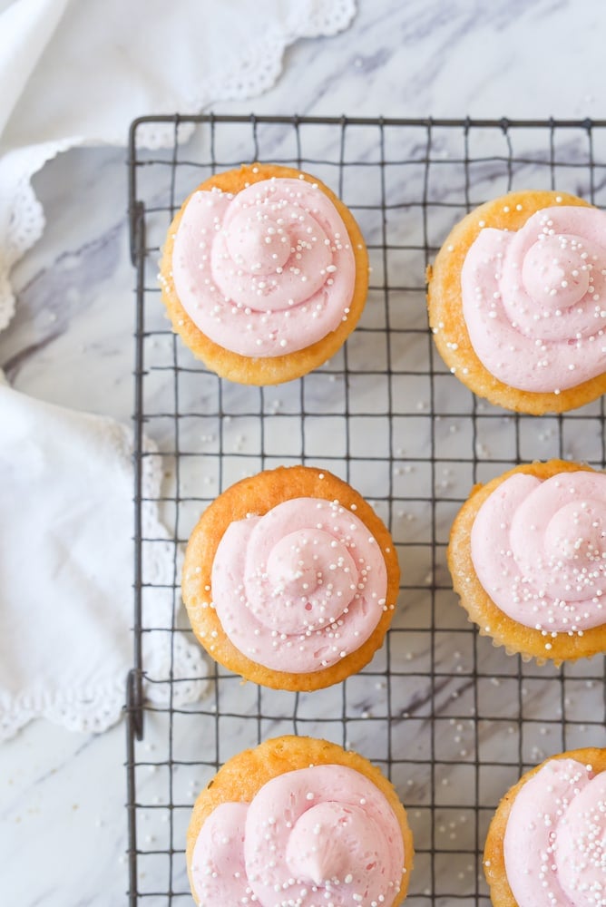 overhead shot of pink lemonade cupcakes