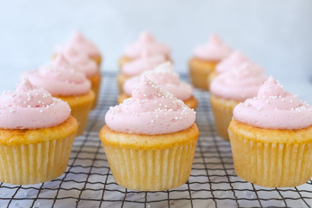 row of pink lemonade cupcakes