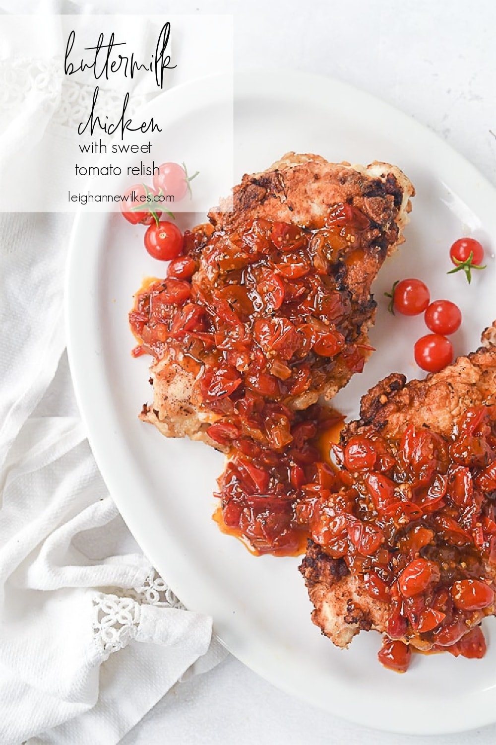 two pieces of buttermilk chicken with tomato relish