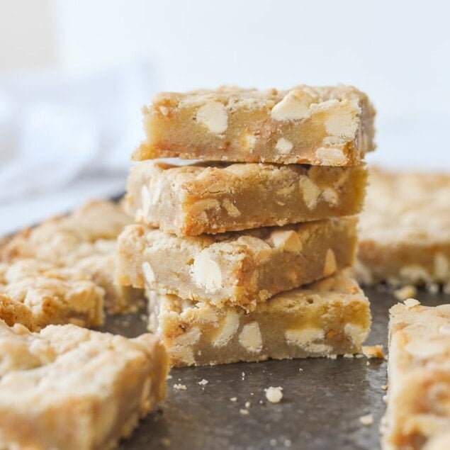 stack of white chocolate toffee blondies