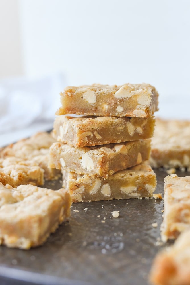 stack of white chocolate toffee blondies