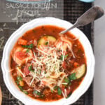 CLOSE UP OF a bowl of sausage tortellini soup