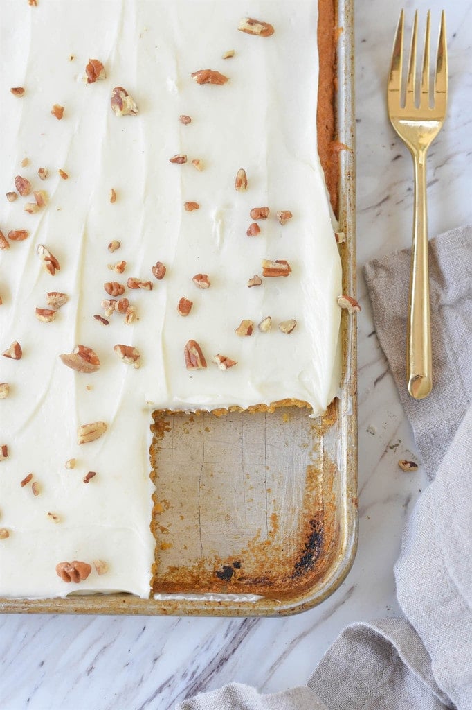 pumpkin bar sheet cake with slice missing