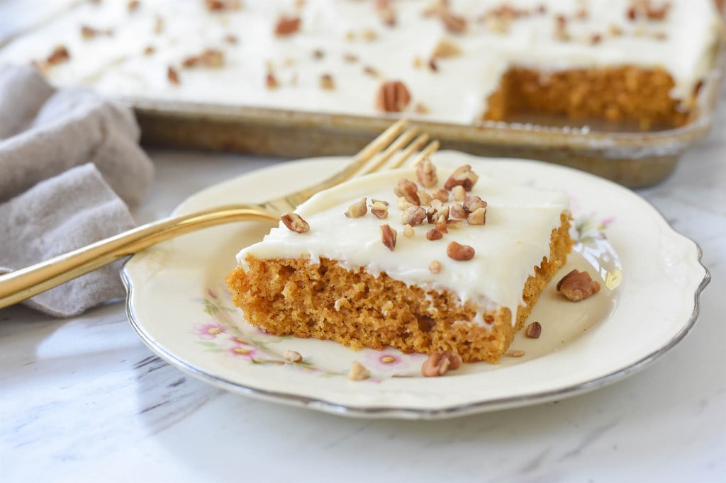 Pumpkin Bar frosted with cream cheese and pecans