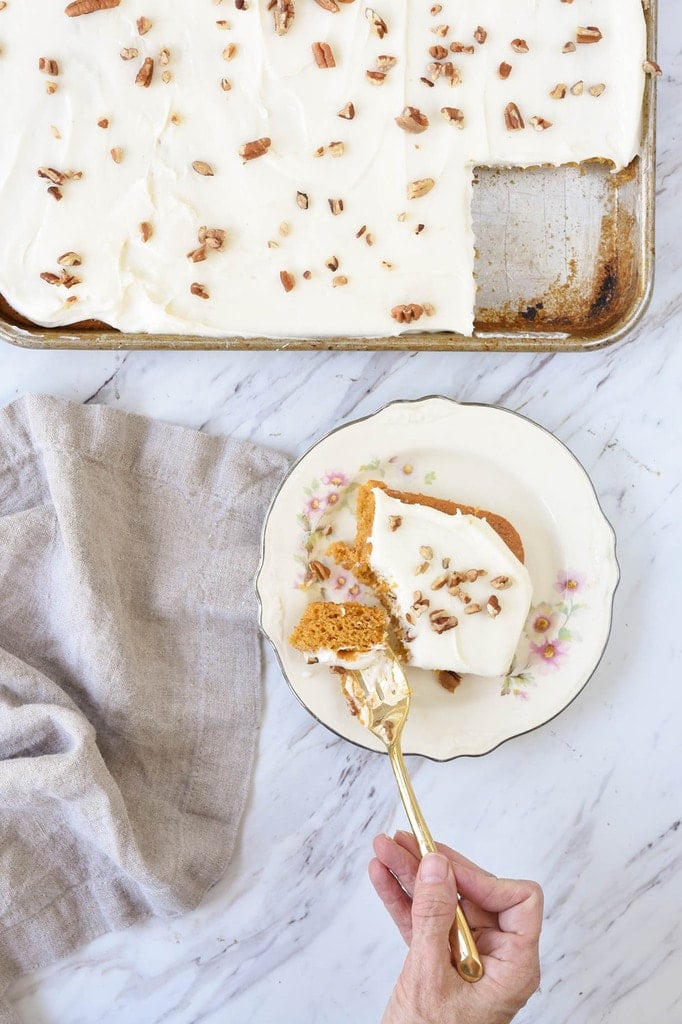 Piece of a pumpkin bar on a plate