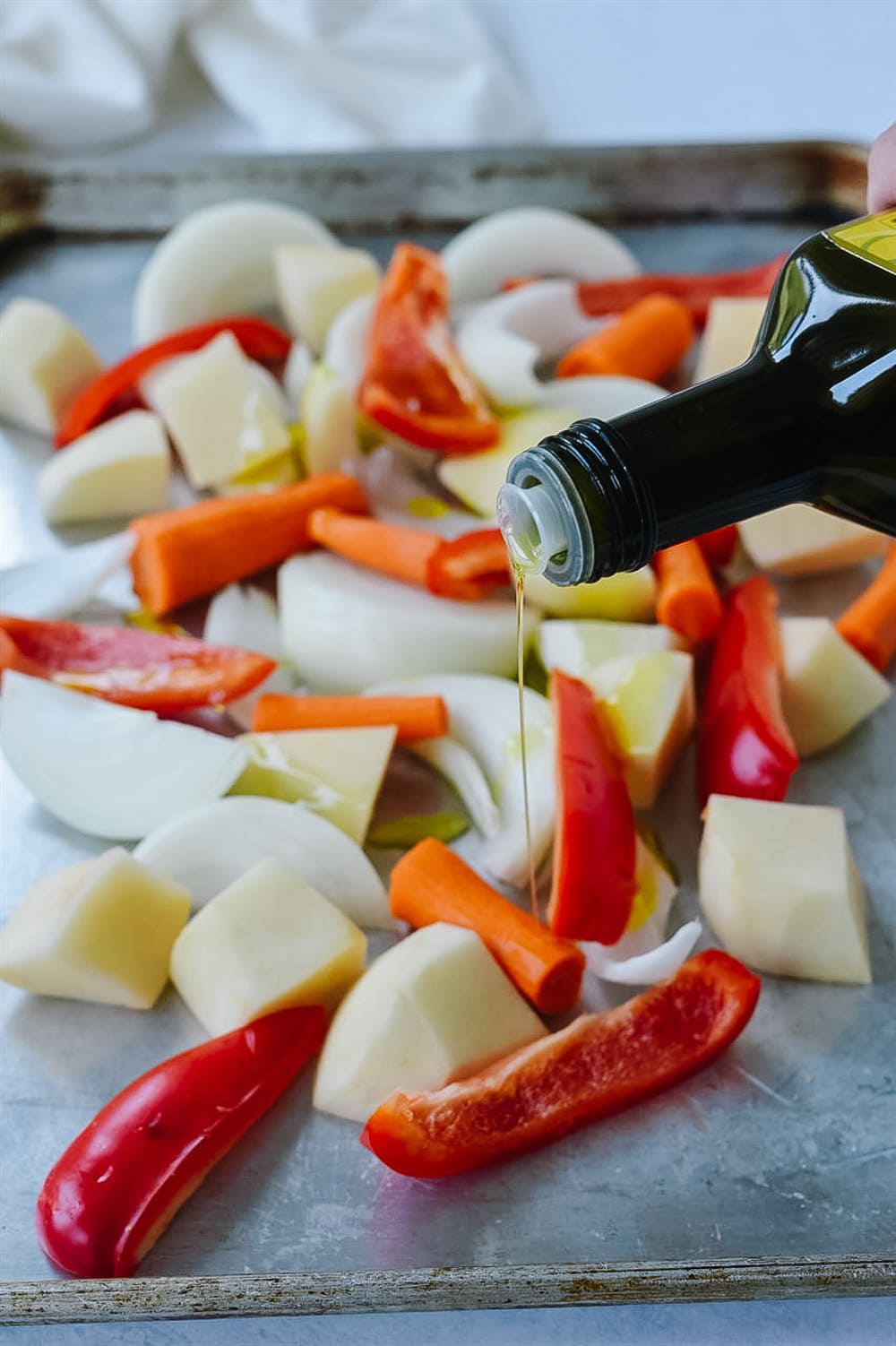 roasted vegetables on pan.