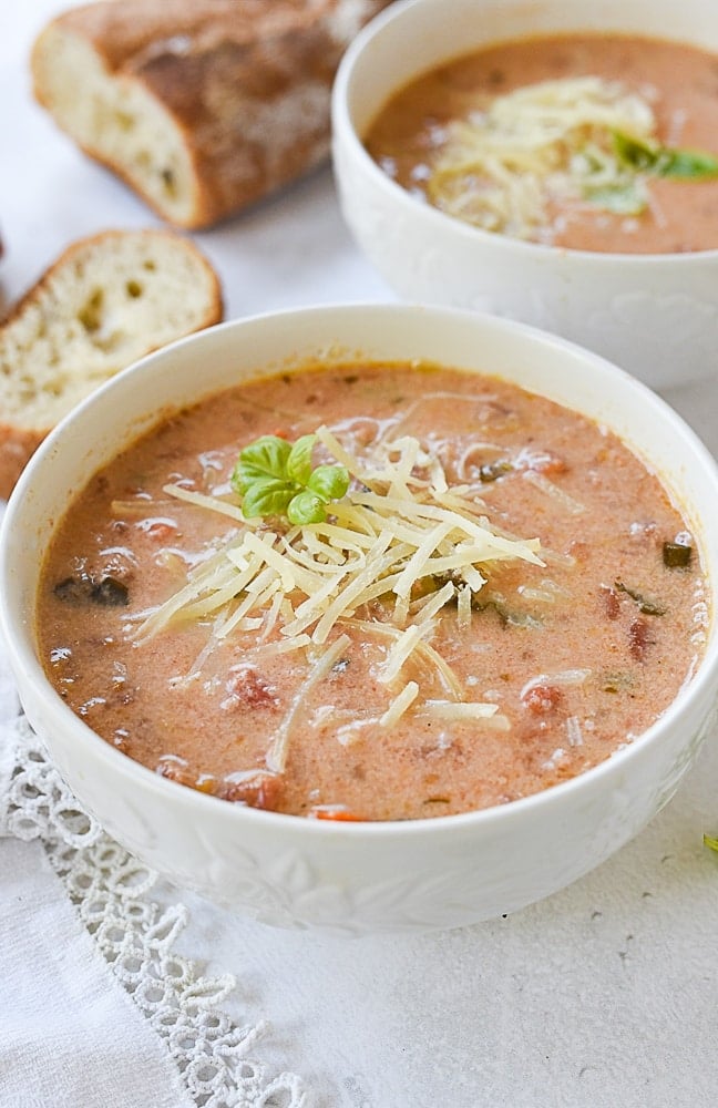 closeup of a bowl of tomato soup