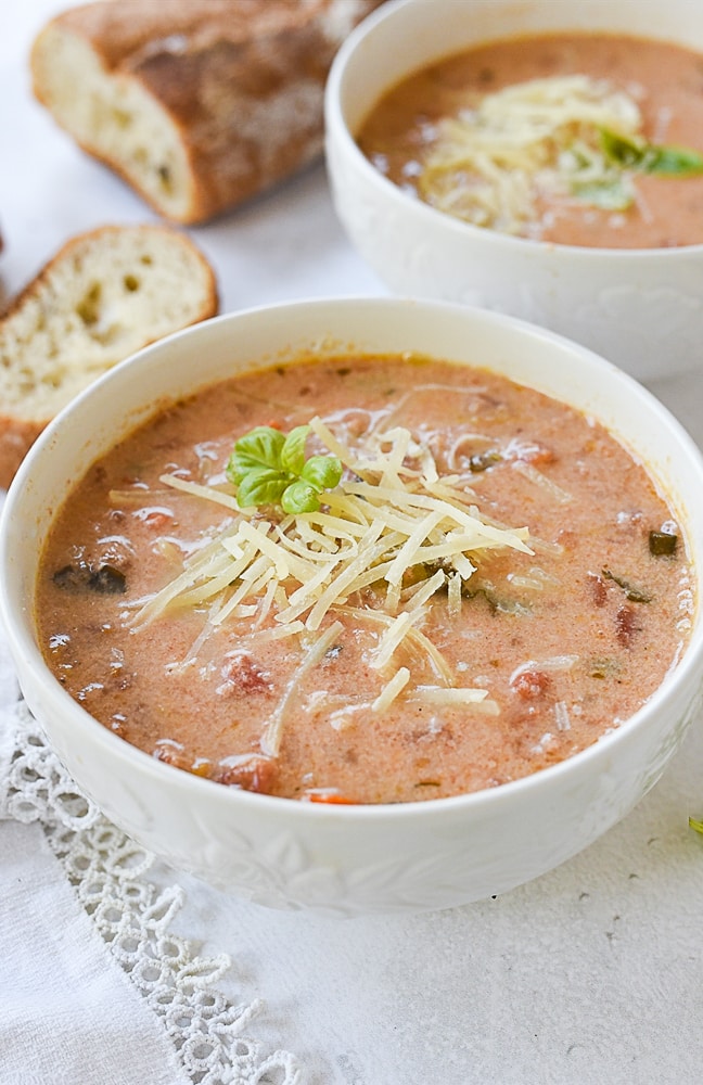 Crock Pot Tomato Basil Soup closeup of a bowl of tomato soup