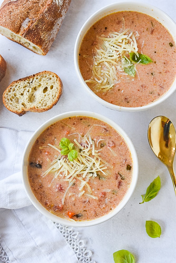 overhead shot of crock pot tomato basil soup