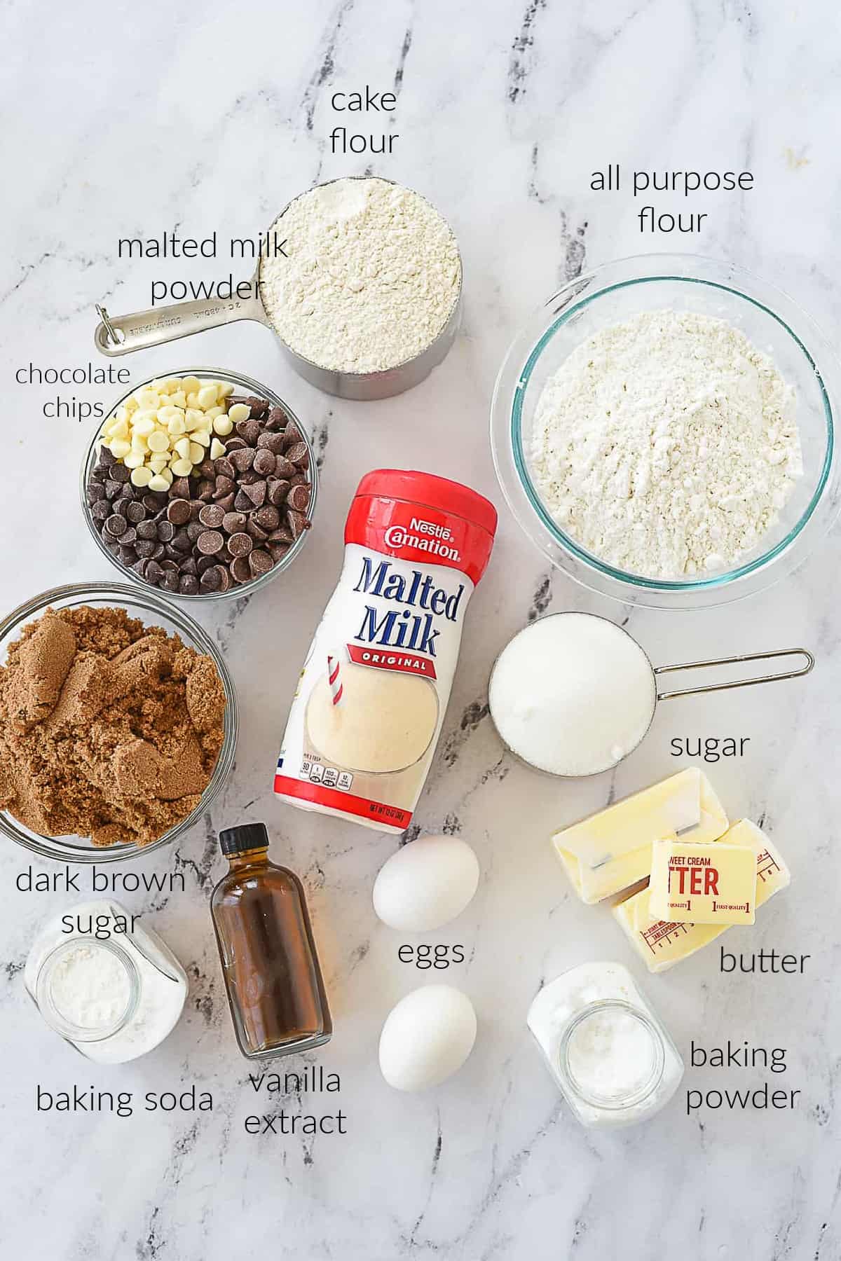 ingredients for malted chocolate cookies