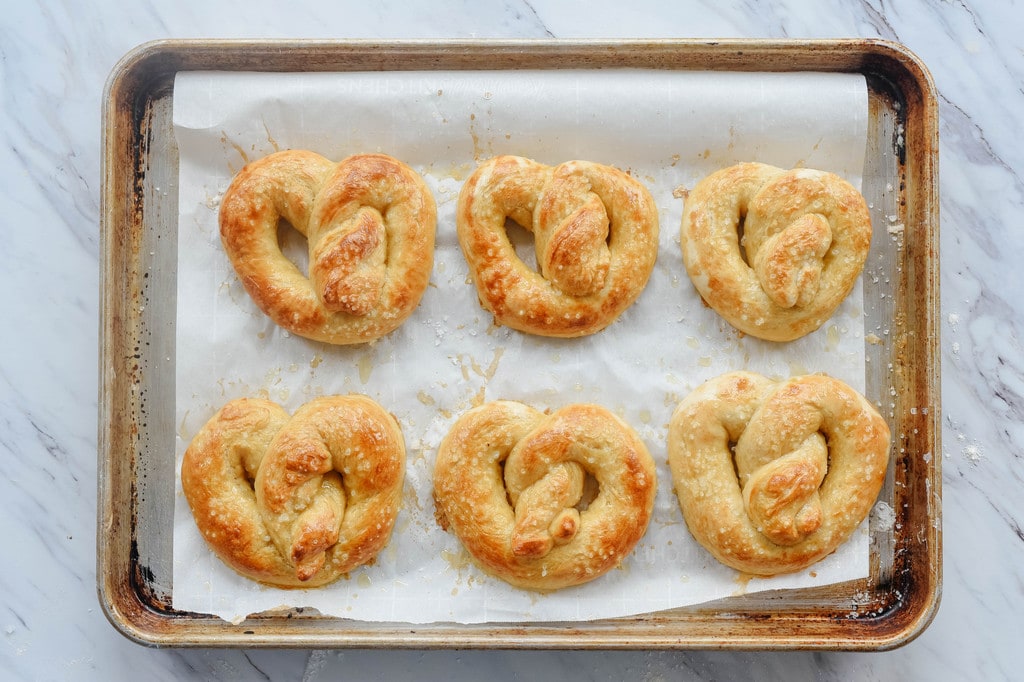 homemade-soft-pretzels out of the oven