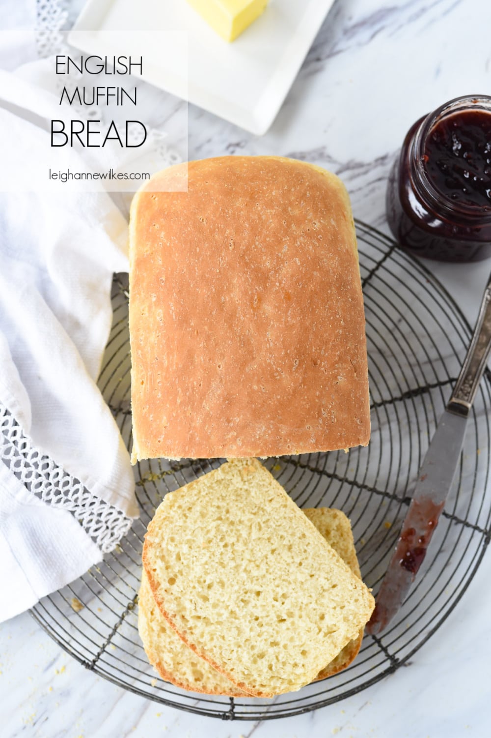 overhead shot of loaf of english muffin bread