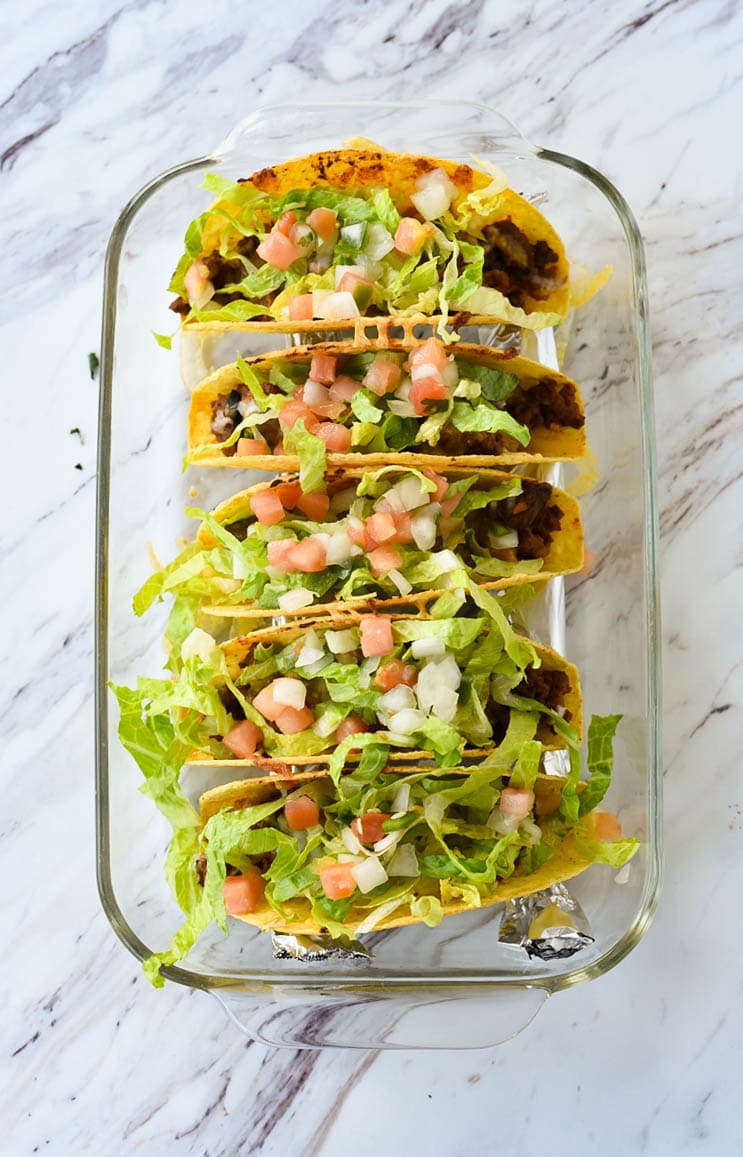 overhead shot of baked tacos