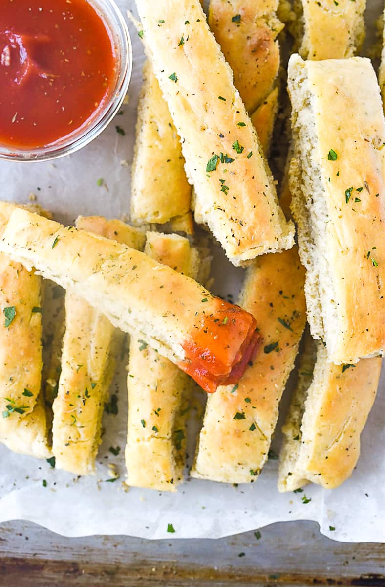 overhead shot of breadsticks