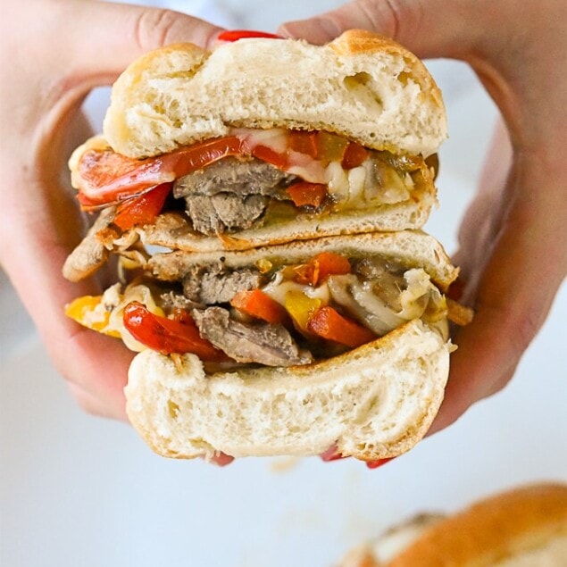 cheesesteak sandwhich cut in half