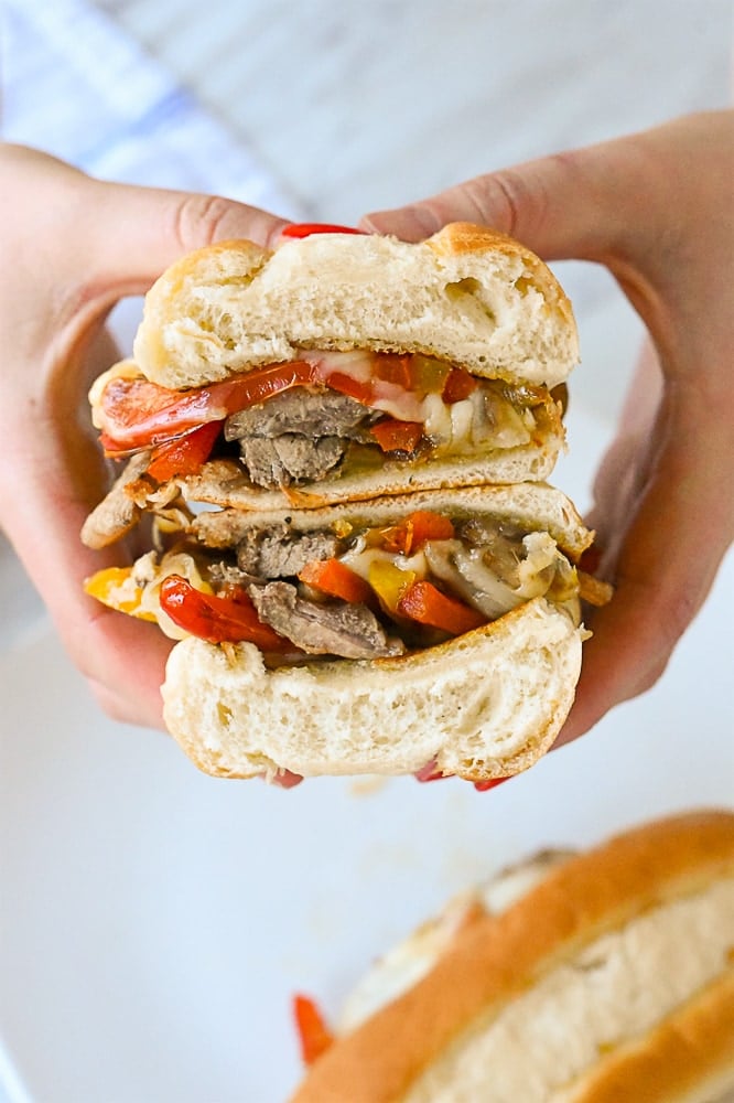 cheesesteak sandwhich cut in half