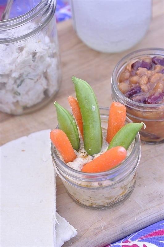 hummus and veggie in a jar
