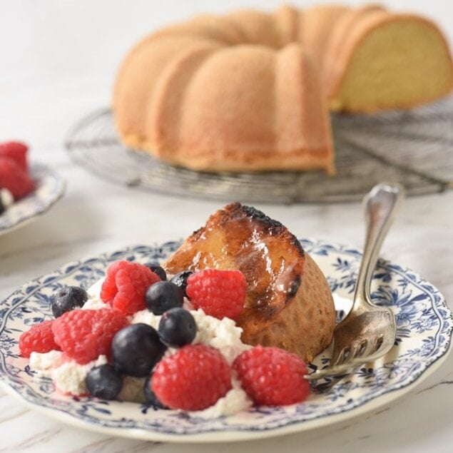 grilled pound cake with whipped cream and berries