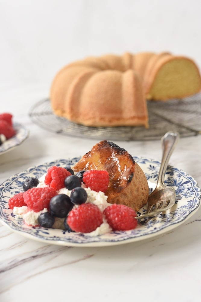 grilled pound cake with whipped cream and berries