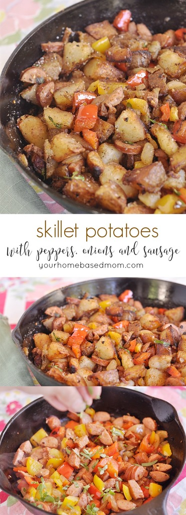 Skillet Potatoes with peppers, onions and sausage makes a perfect side dish or main dish.