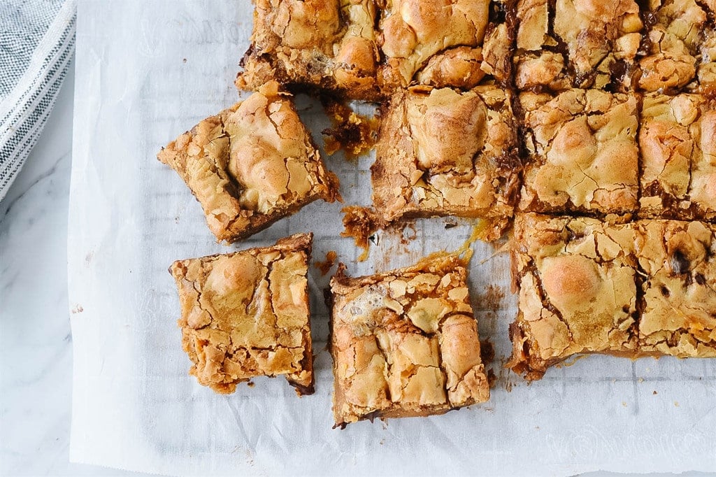 Butterscotch brownies on parchment paper