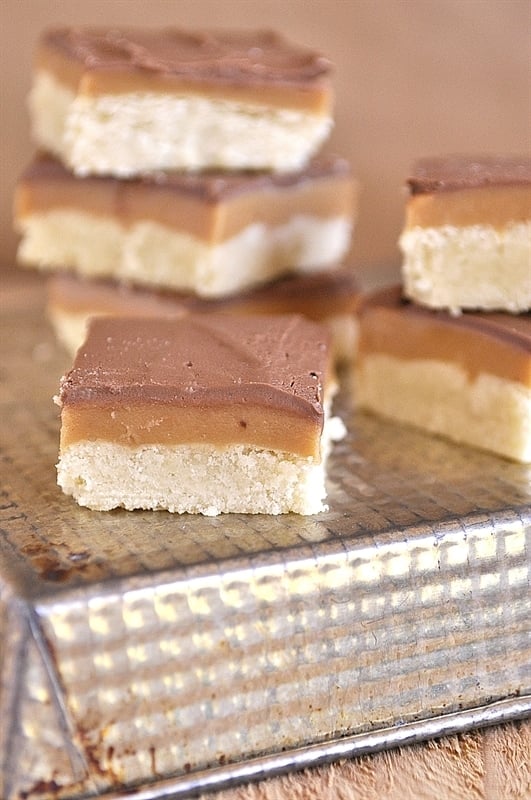 stacked bars of Chocolate Caramel Shortbread