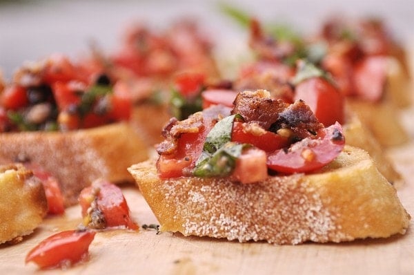 closeup of bacon bruschetta