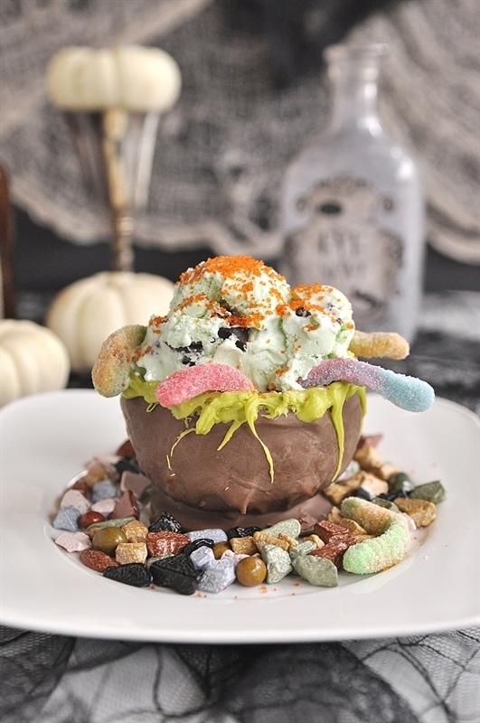 Halloween Sunday served in an edible chocolate witch's cauldron 